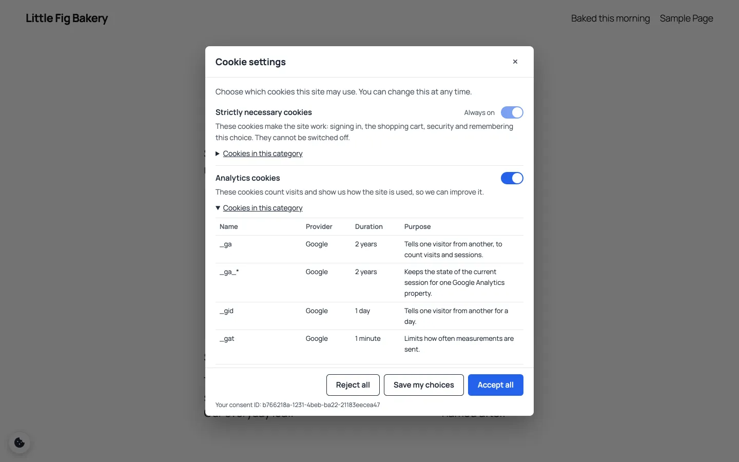 The cookie settings window: a switch for each category, the cookies in it, and the visitor's consent ID.