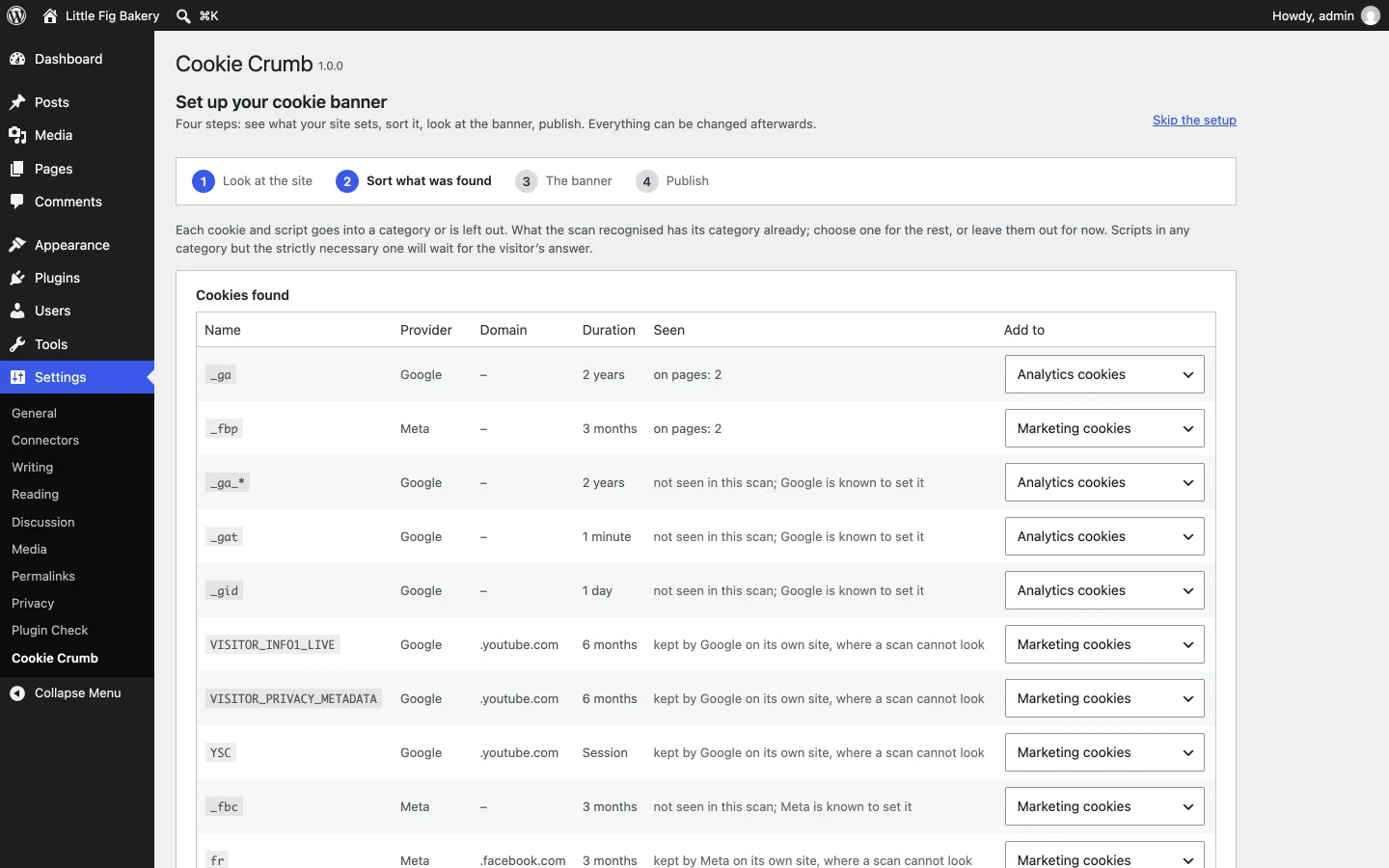 The first-time setup: scan the site, sort what was found, look at the banner, publish.