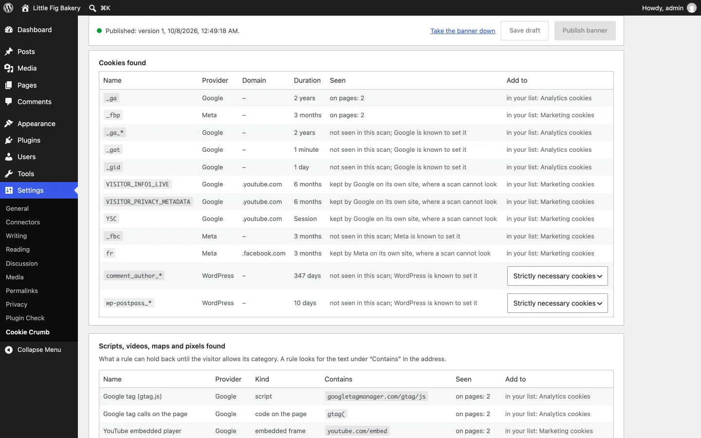 Cookie scan: the cookies your pages set and what they load from other sites, each with a category suggested where the service is known.