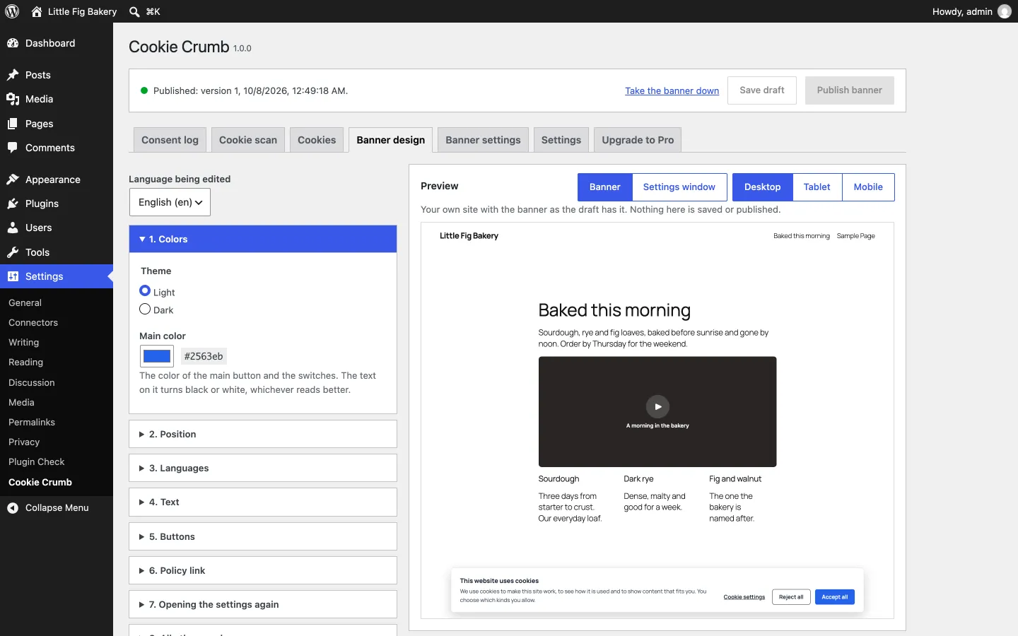 Banner design: words, languages, colors and position beside a live preview on your own site.