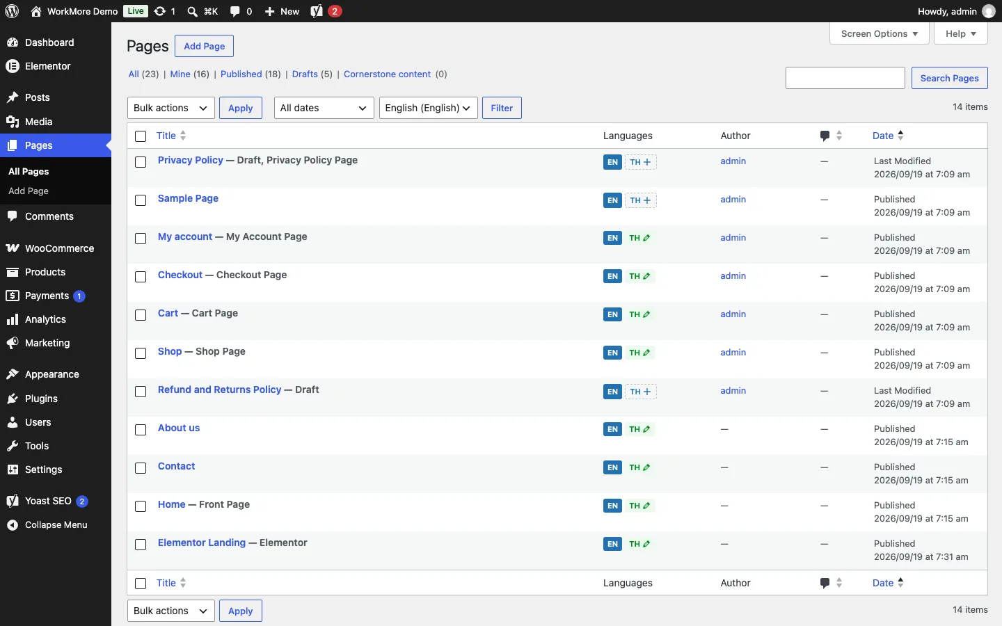 The Pages list with its Languages column: each page's language and its translation.