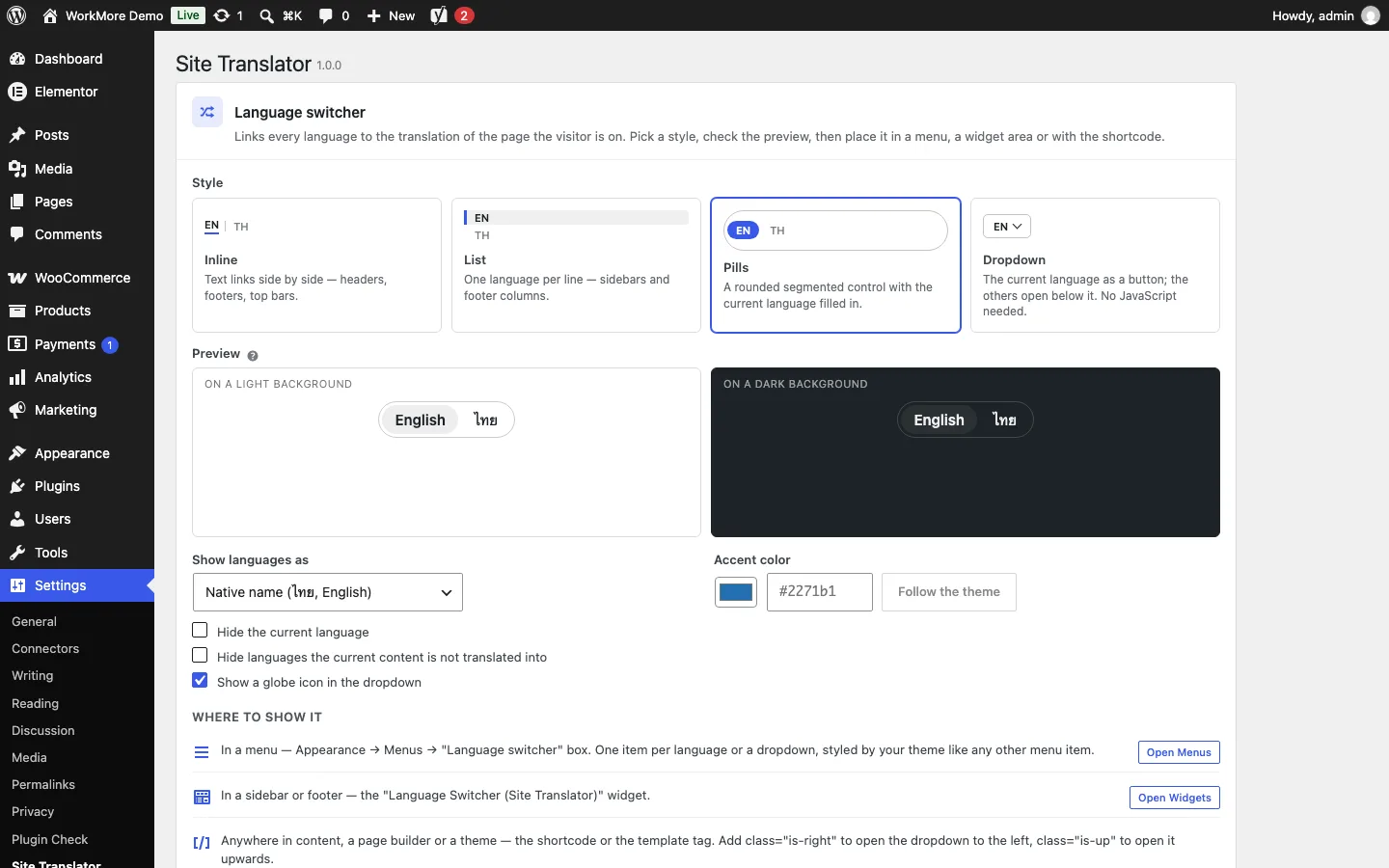 Settings: four switcher styles with a live preview on light and dark backgrounds.